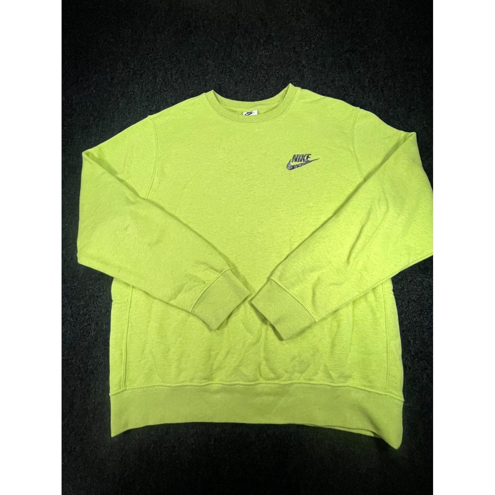 Nike Sweatshirt Mens Medium Neon Green Swoosh Logo Crew Neck Ribbed Trim Casual